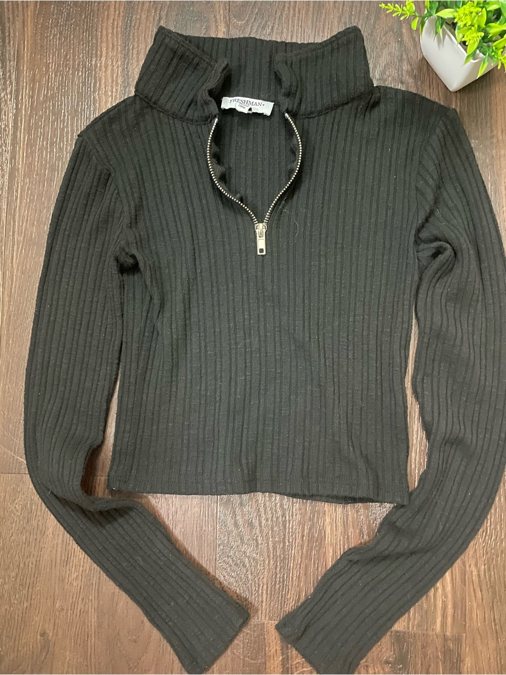 Freshman 1996 Black Ribbed Quarter Zip Cropped Long Sleeve Top XS